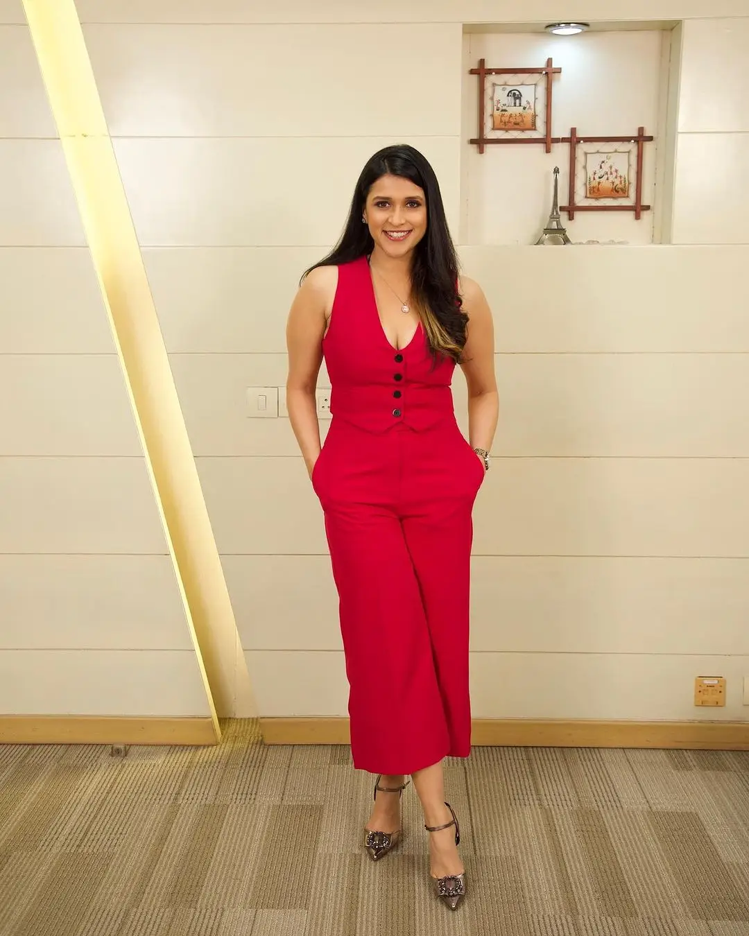 Tollywood Actress Mannara Chopra in Sleeveless Red Top